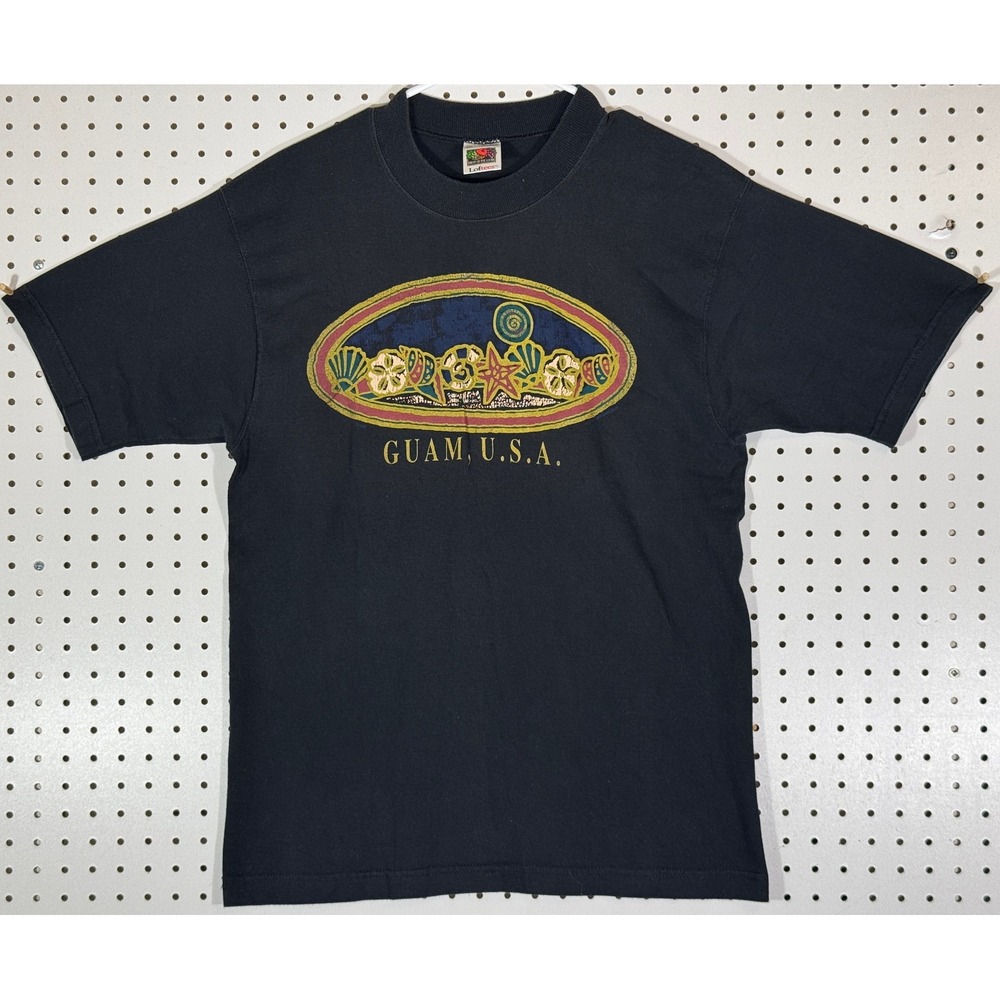 Vintage Fruit of the Loom Lofteez Guam USA Graphic T-Shirt Black Mens Medium